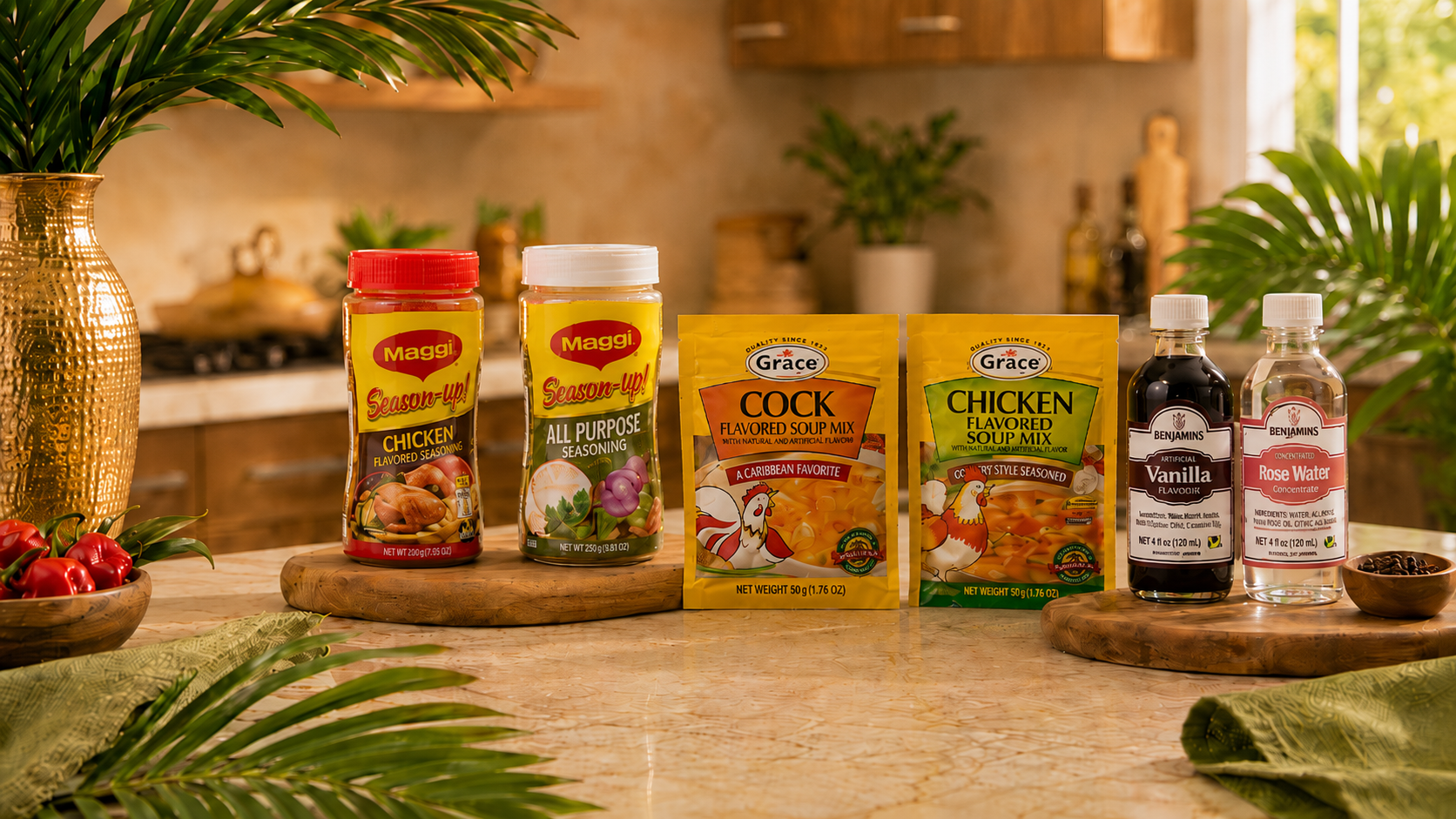 Warm island kitchen with Jamaican pantry staples