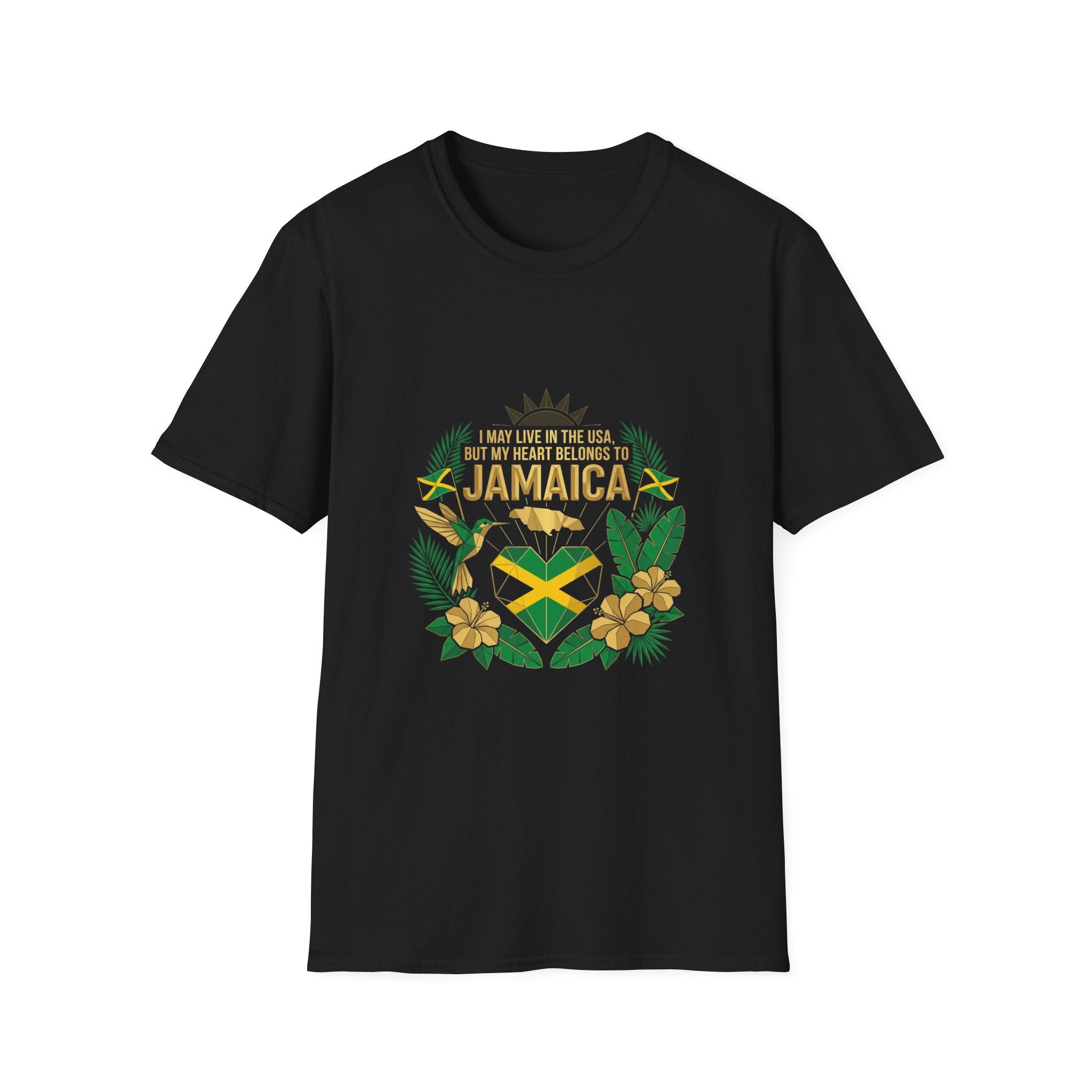 | I May Live in the USA but My Heart Belongs to Jamaica |  Tropical Flag T-Shirt