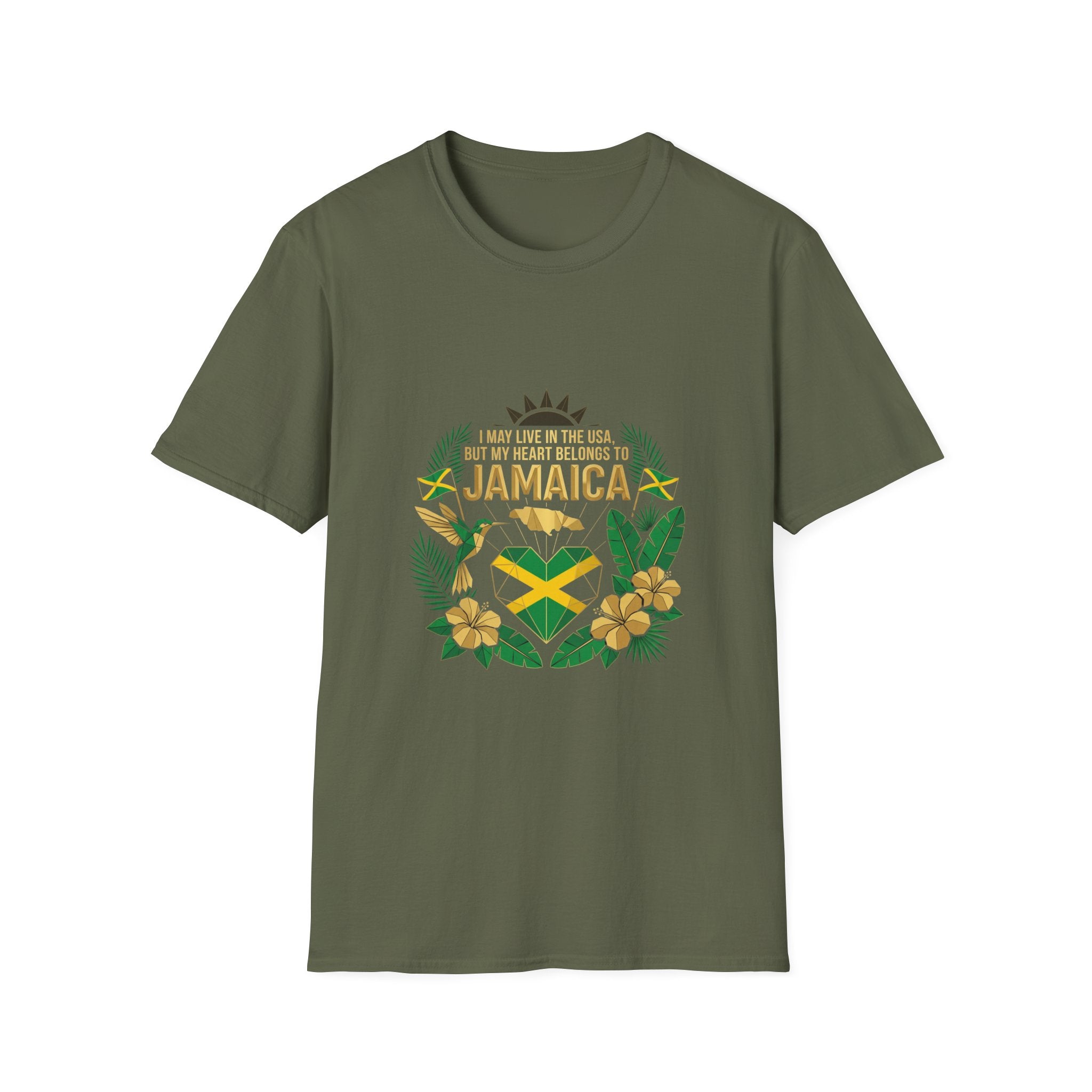 | I May Live in the USA but My Heart Belongs to Jamaica |  Tropical Flag T-Shirt