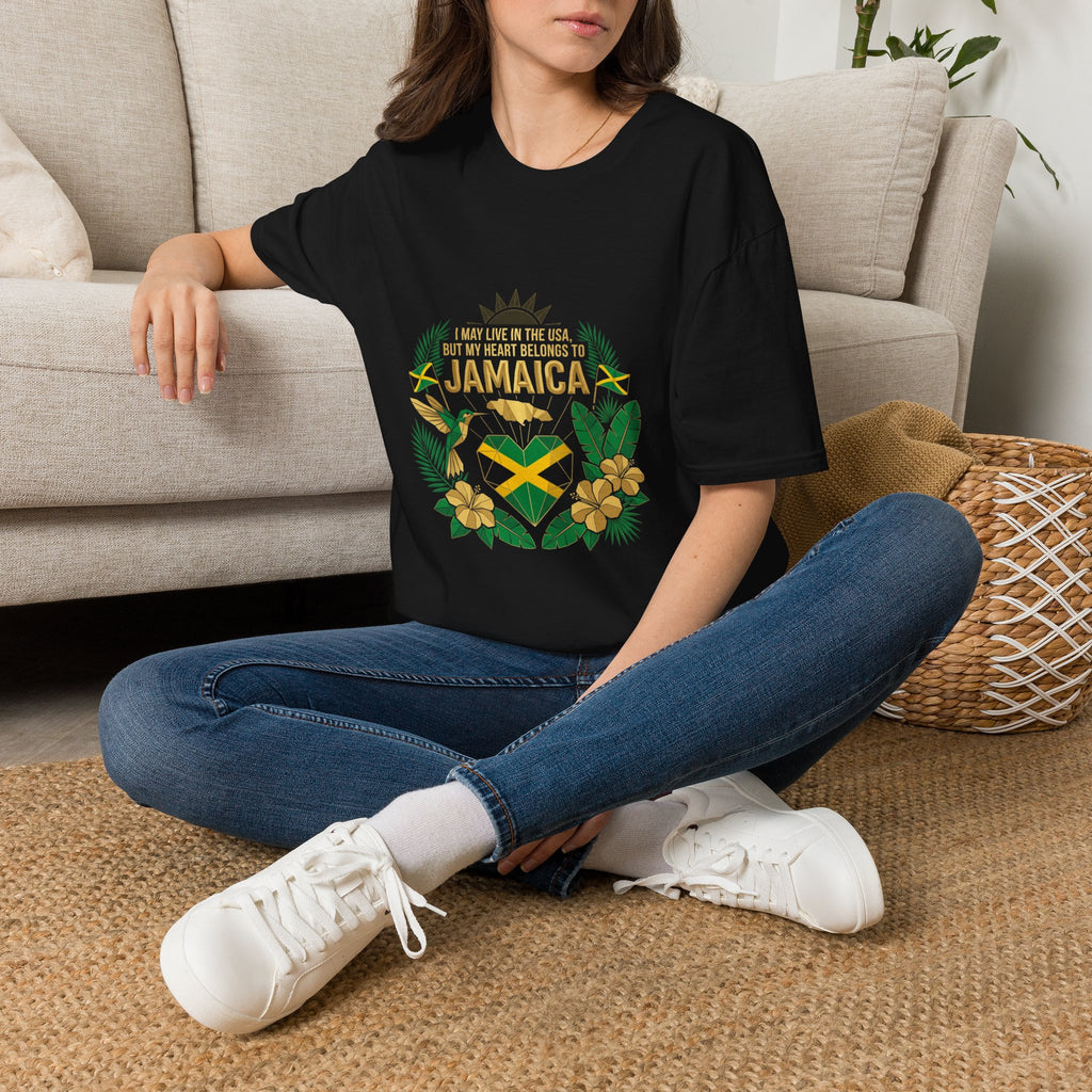 | I May Live in the USA but My Heart Belongs to Jamaica |  Tropical Flag T-Shirt
