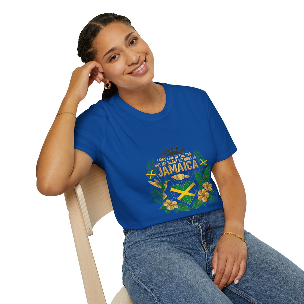| I May Live in the USA but My Heart Belongs to Jamaica |  Tropical Flag T-Shirt