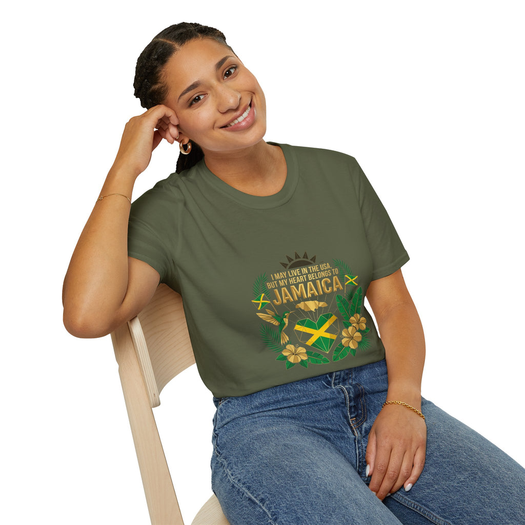 | I May Live in the USA but My Heart Belongs to Jamaica |  Tropical Flag T-Shirt