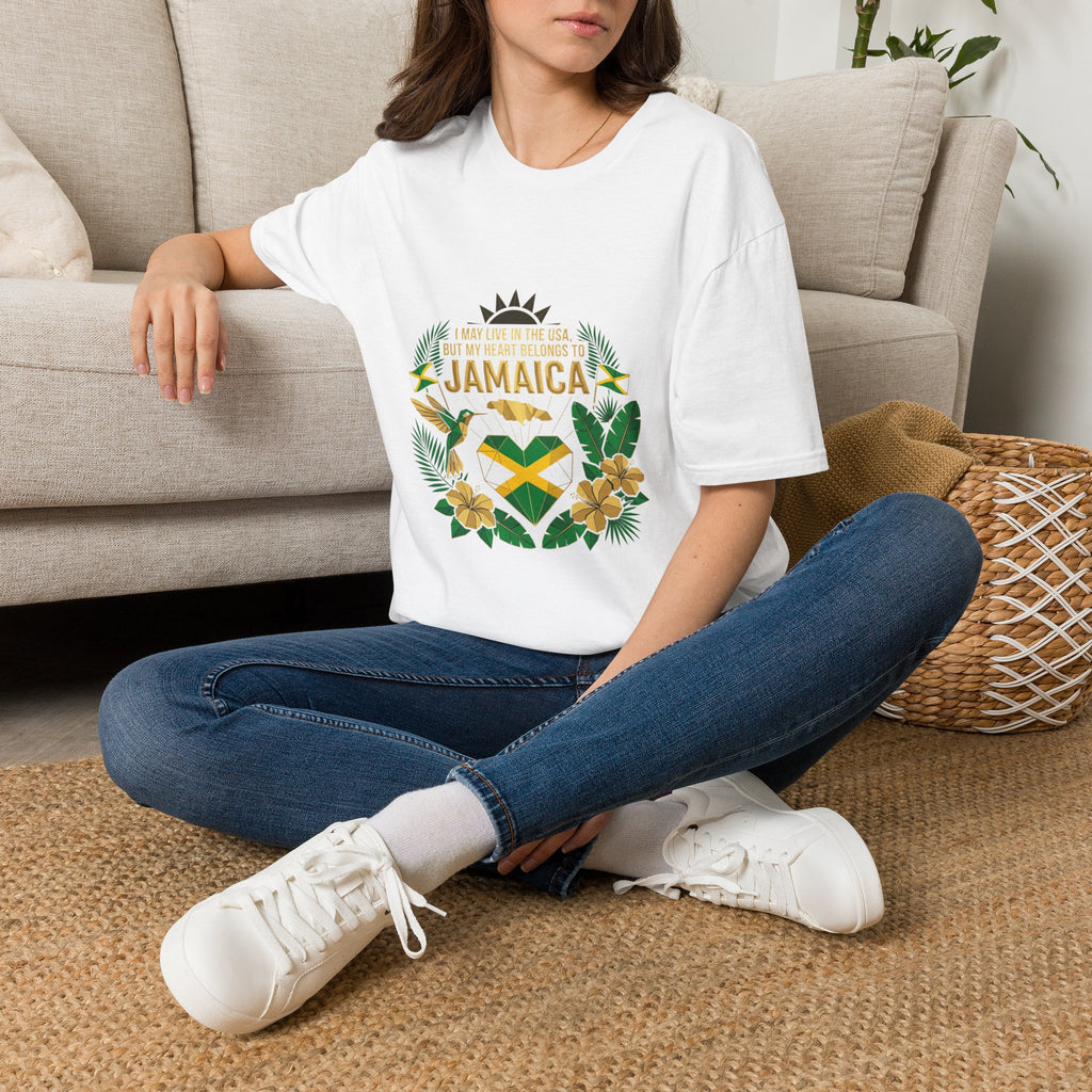 | I May Live in the USA but My Heart Belongs to Jamaica |  Tropical Flag T-Shirt