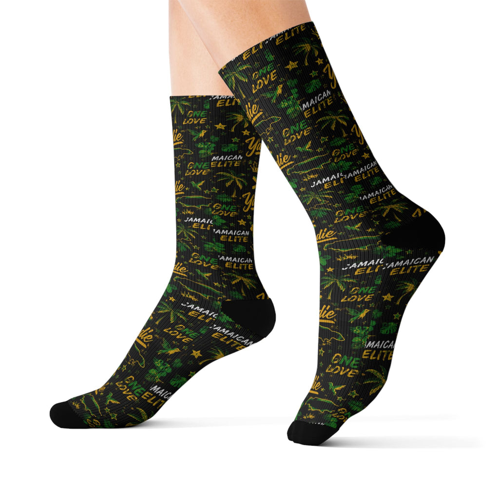Jamaican Elite All-Over Print Socks | Yaadie 876 Crew Socks | Jamaica Flag Socks | Caribbean Fashion | Gift for Jamaicans