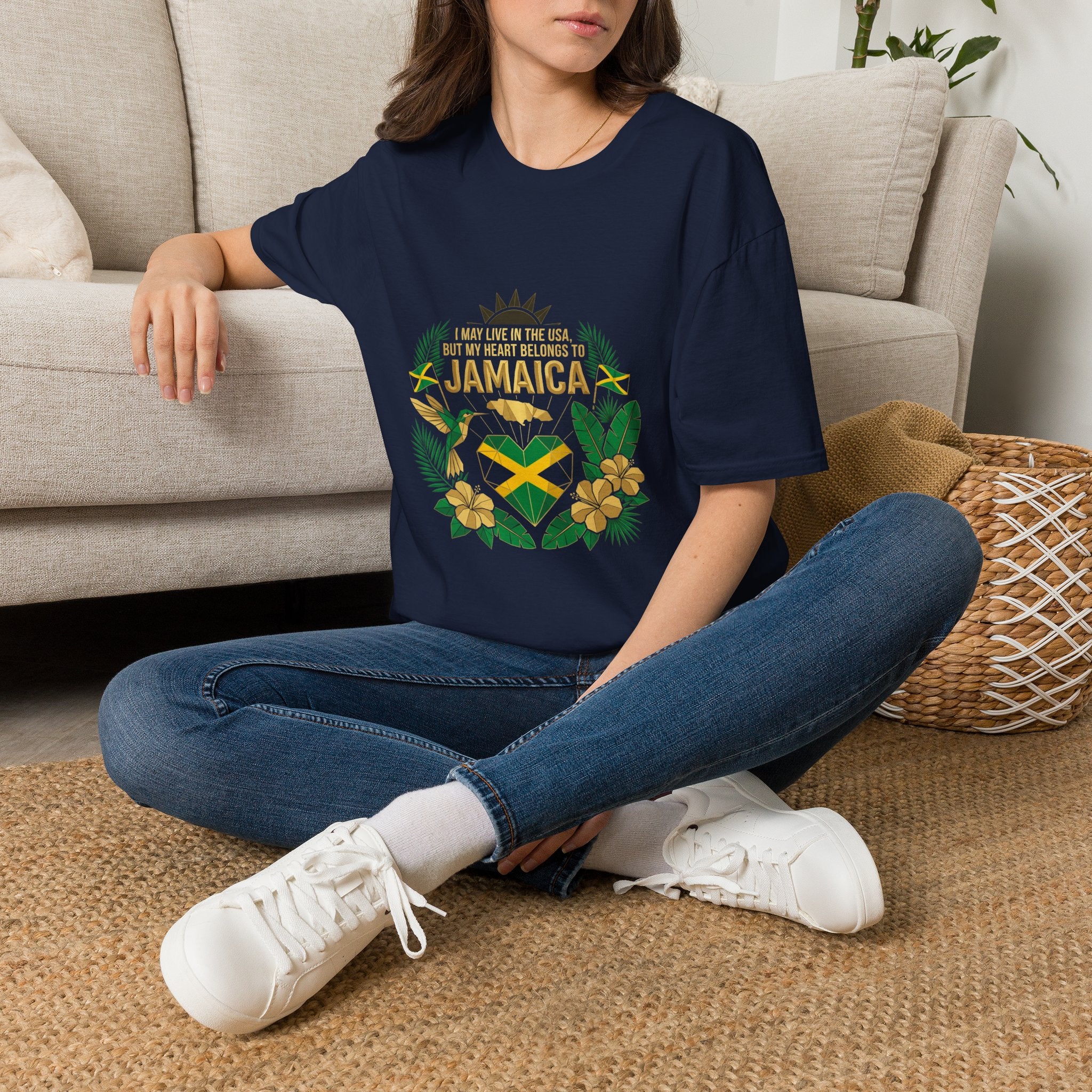 | I May Live in the USA but My Heart Belongs to Jamaica |  Tropical Flag T-Shirt