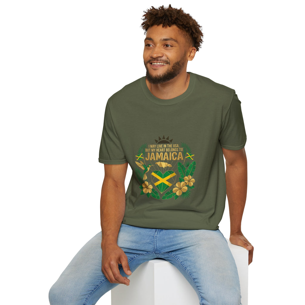 | I May Live in the USA but My Heart Belongs to Jamaica |  Tropical Flag T-Shirt