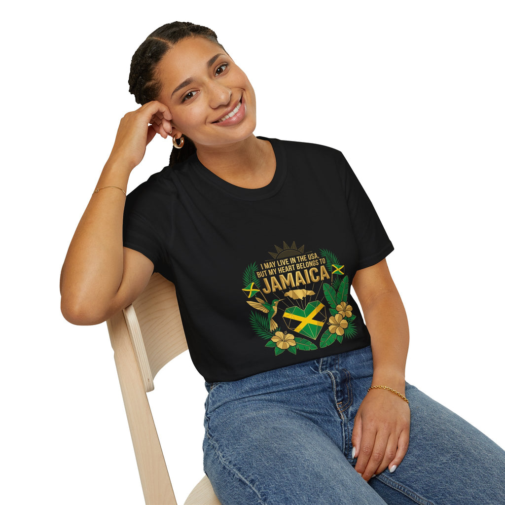 | I May Live in the USA but My Heart Belongs to Jamaica |  Tropical Flag T-Shirt