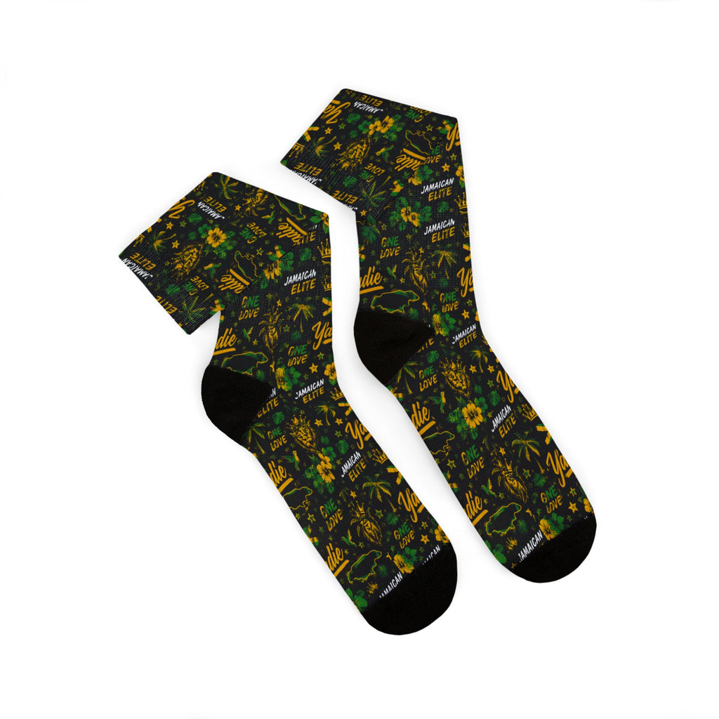 Jamaican Elite All-Over Print Socks | Yaadie 876 Crew Socks | Jamaica Flag Socks | Caribbean Fashion | Gift for Jamaicans