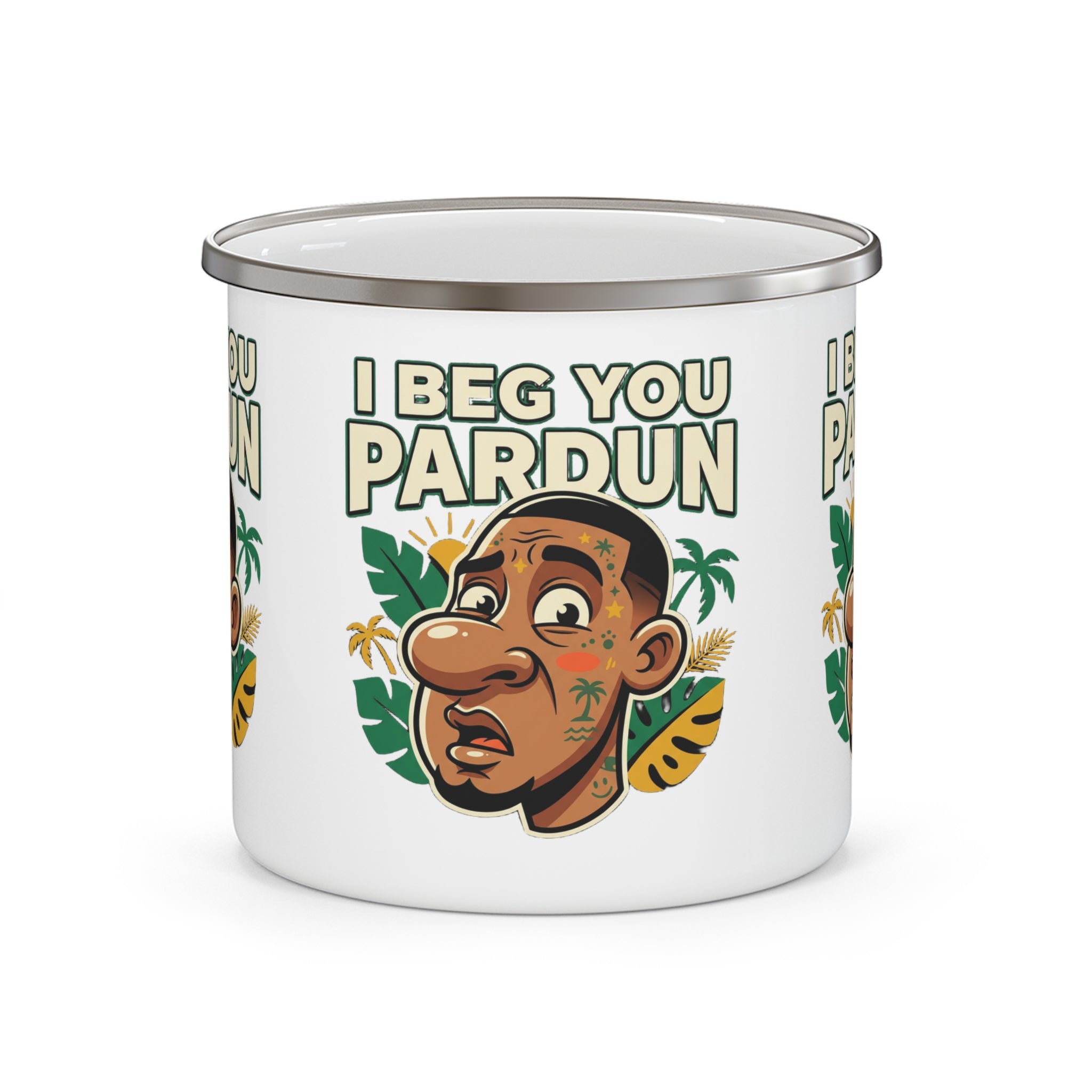 Enamel Mug — "I Beg You Pardun" Tropical Cartoon Camping Cup