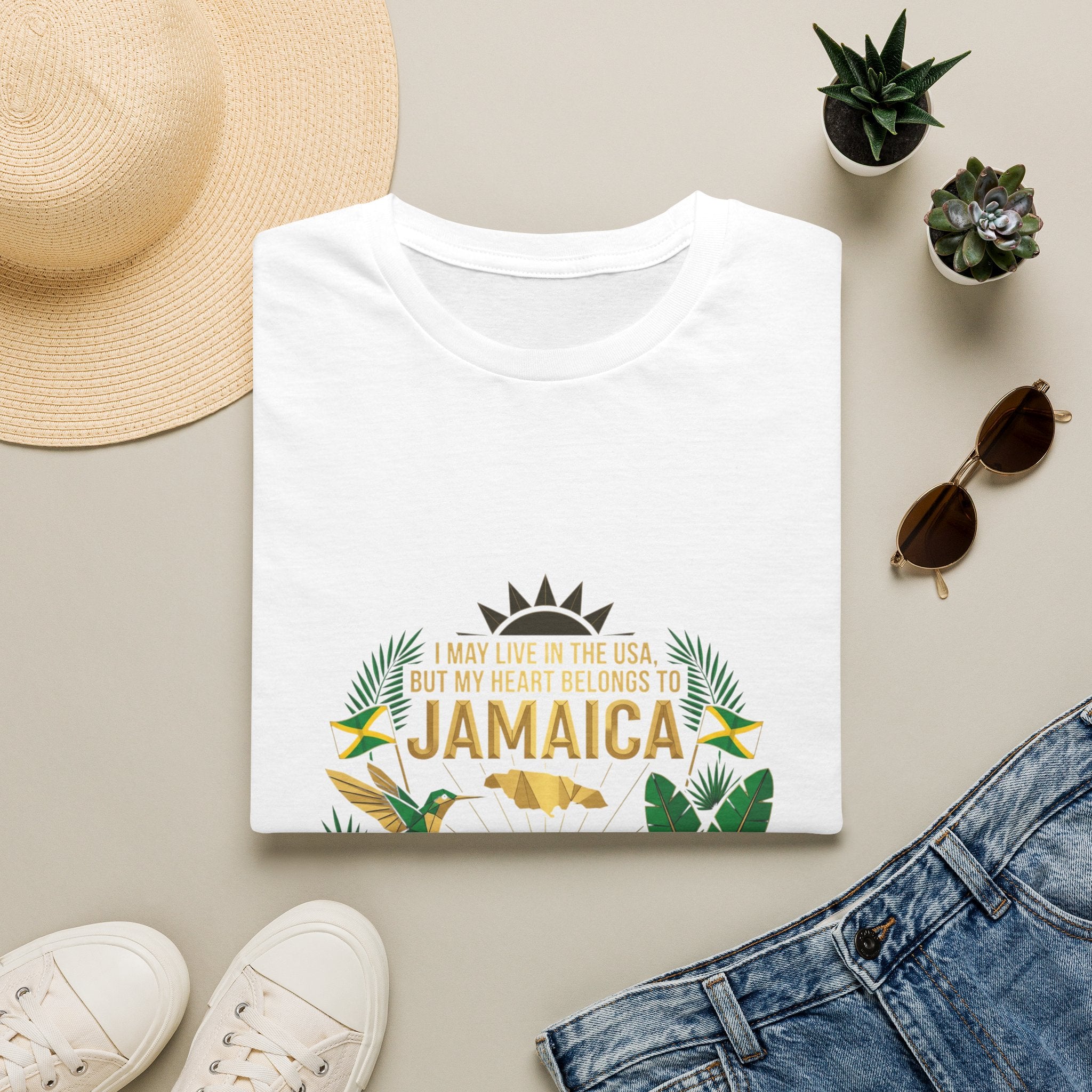 | I May Live in the USA but My Heart Belongs to Jamaica |  Tropical Flag T-Shirt