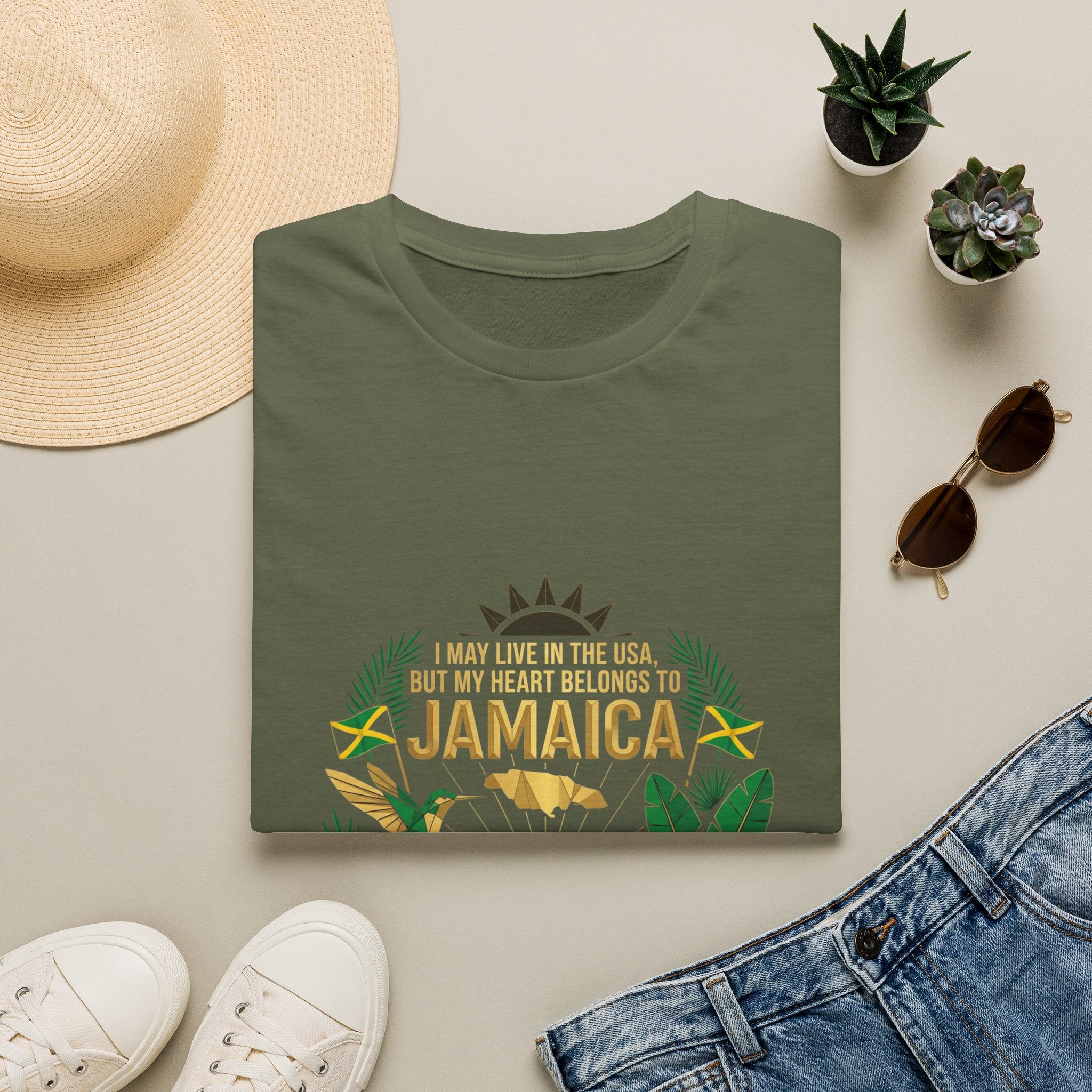 | I May Live in the USA but My Heart Belongs to Jamaica |  Tropical Flag T-Shirt