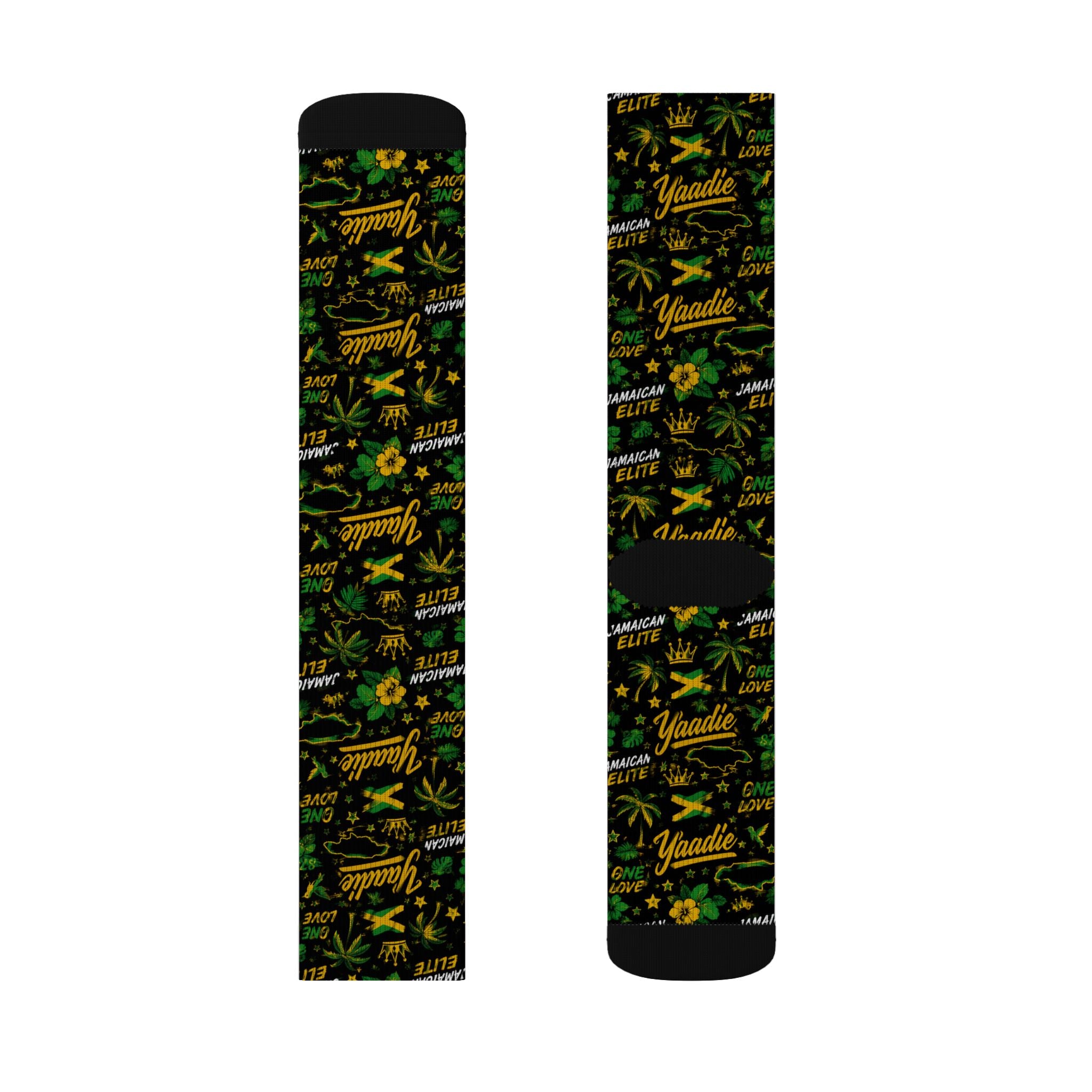 Jamaican Elite All-Over Print Socks | Yaadie 876 Crew Socks | Jamaica Flag Socks | Caribbean Fashion | Gift for Jamaicans