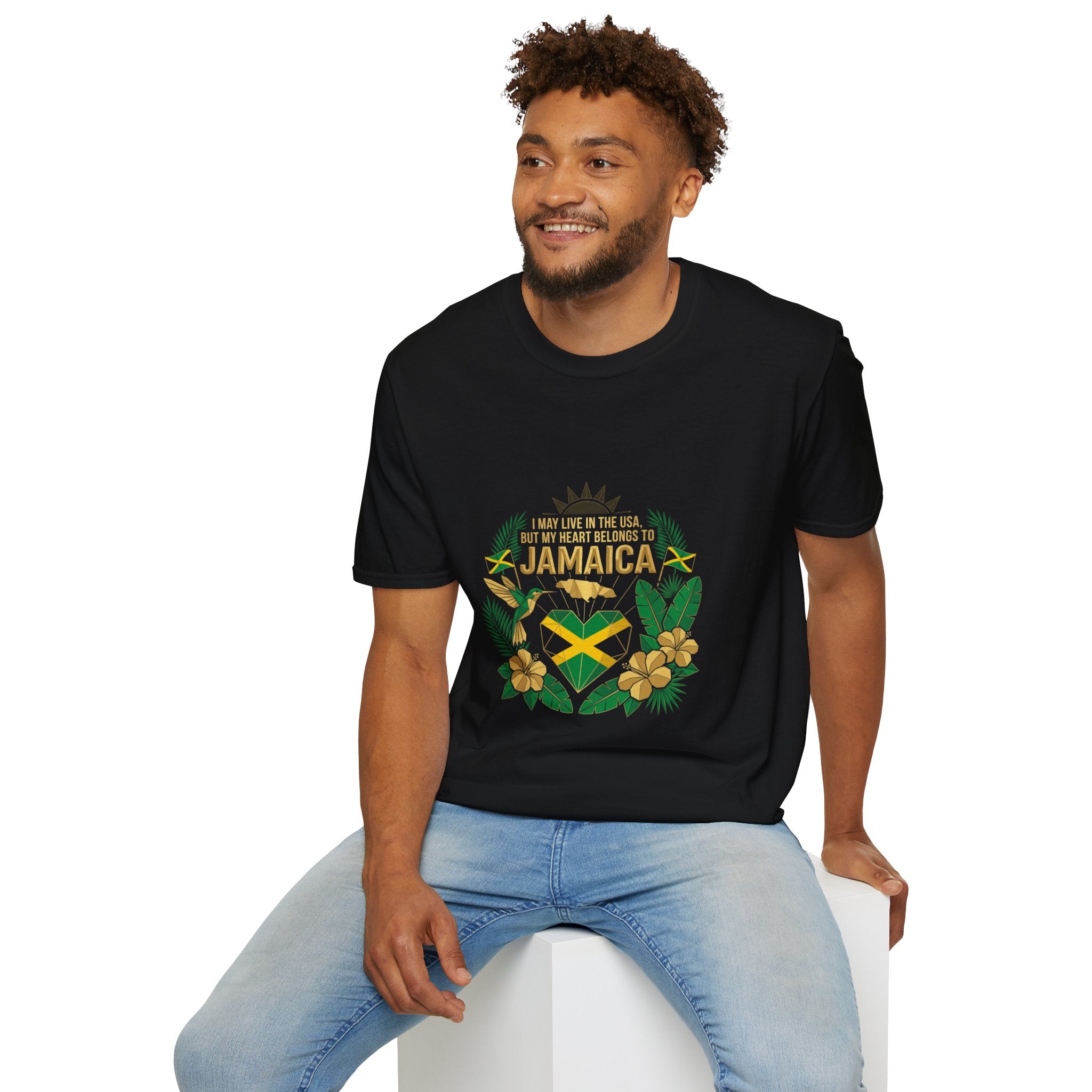 | I May Live in the USA but My Heart Belongs to Jamaica |  Tropical Flag T-Shirt