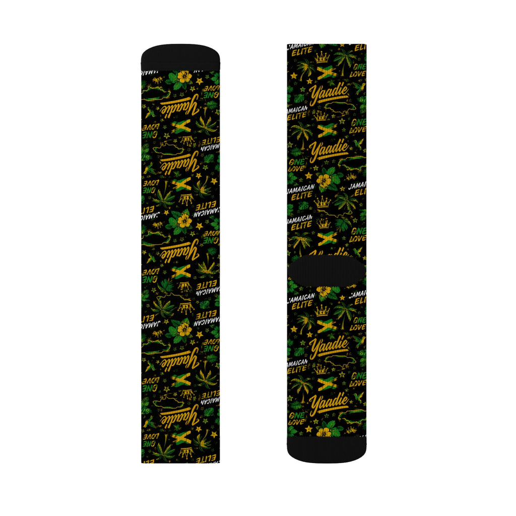 Jamaican Elite All-Over Print Socks | Yaadie 876 Crew Socks | Jamaica Flag Socks | Caribbean Fashion | Gift for Jamaicans
