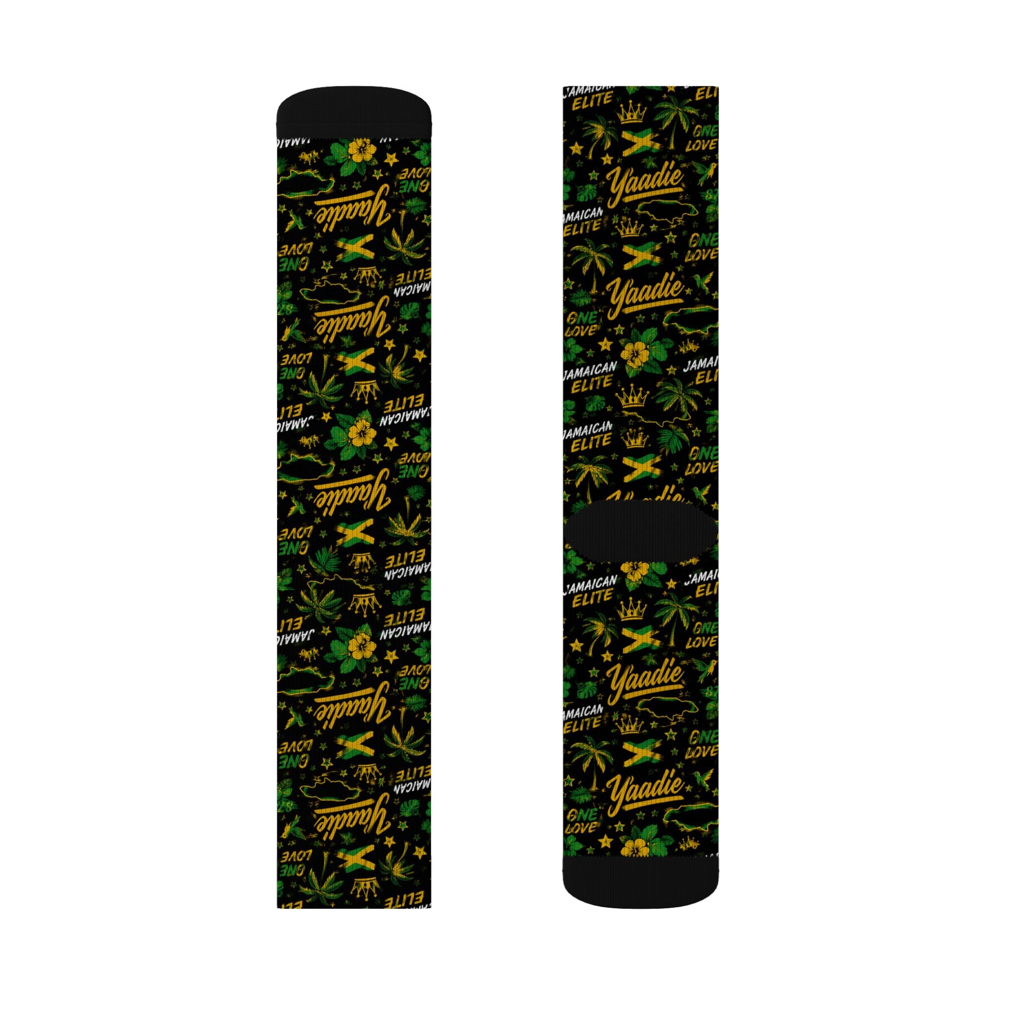 Jamaican Elite All-Over Print Socks | Yaadie 876 Crew Socks | Jamaica Flag Socks | Caribbean Fashion | Gift for Jamaicans