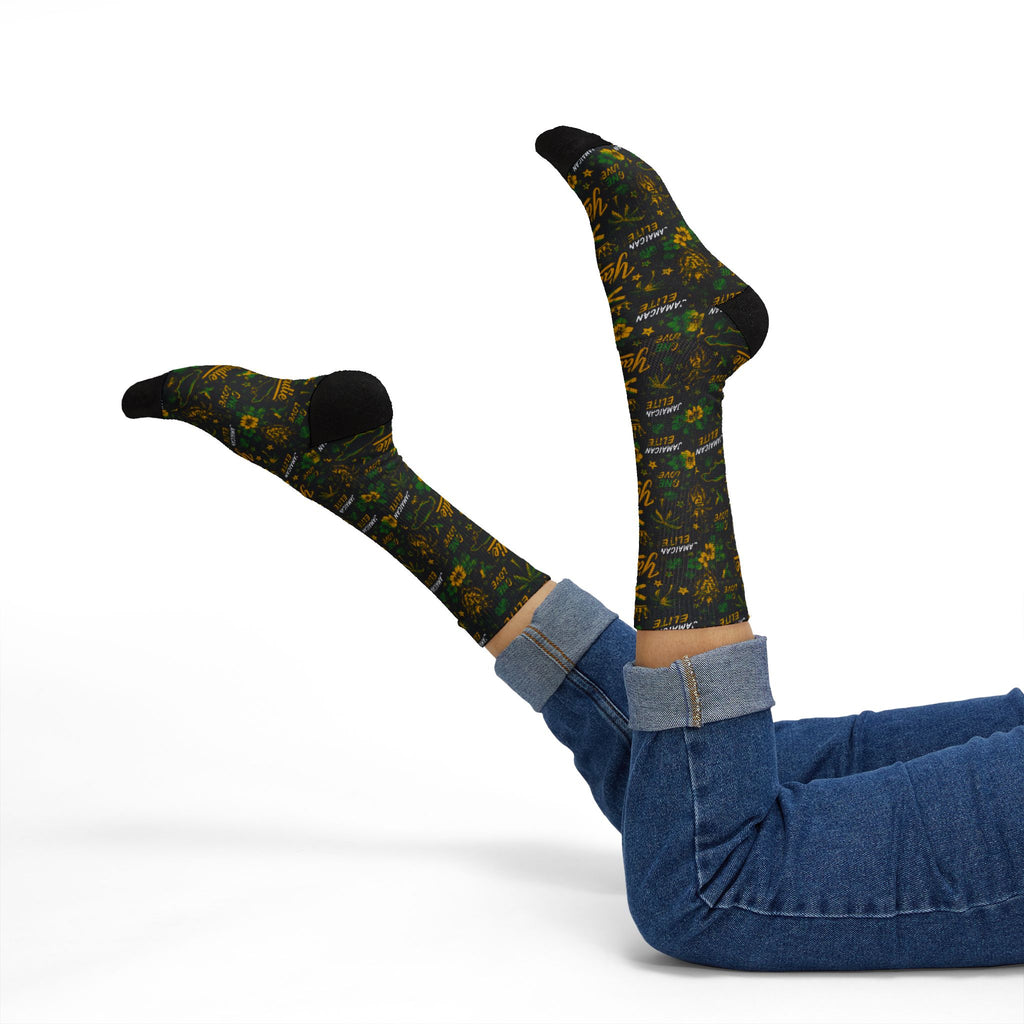 Jamaican Elite All-Over Print Socks | Yaadie 876 Crew Socks | Jamaica Flag Socks | Caribbean Fashion | Gift for Jamaicans