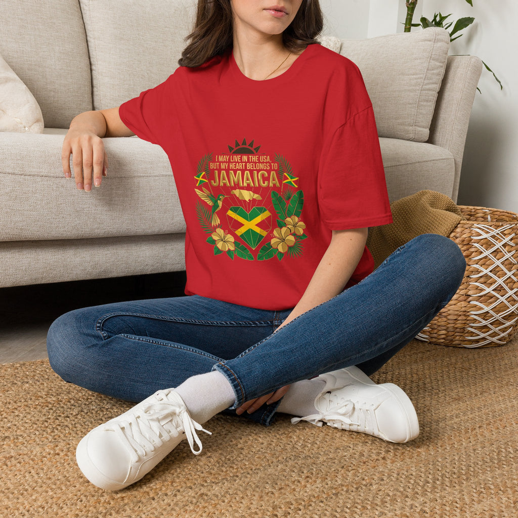 | I May Live in the USA but My Heart Belongs to Jamaica |  Tropical Flag T-Shirt