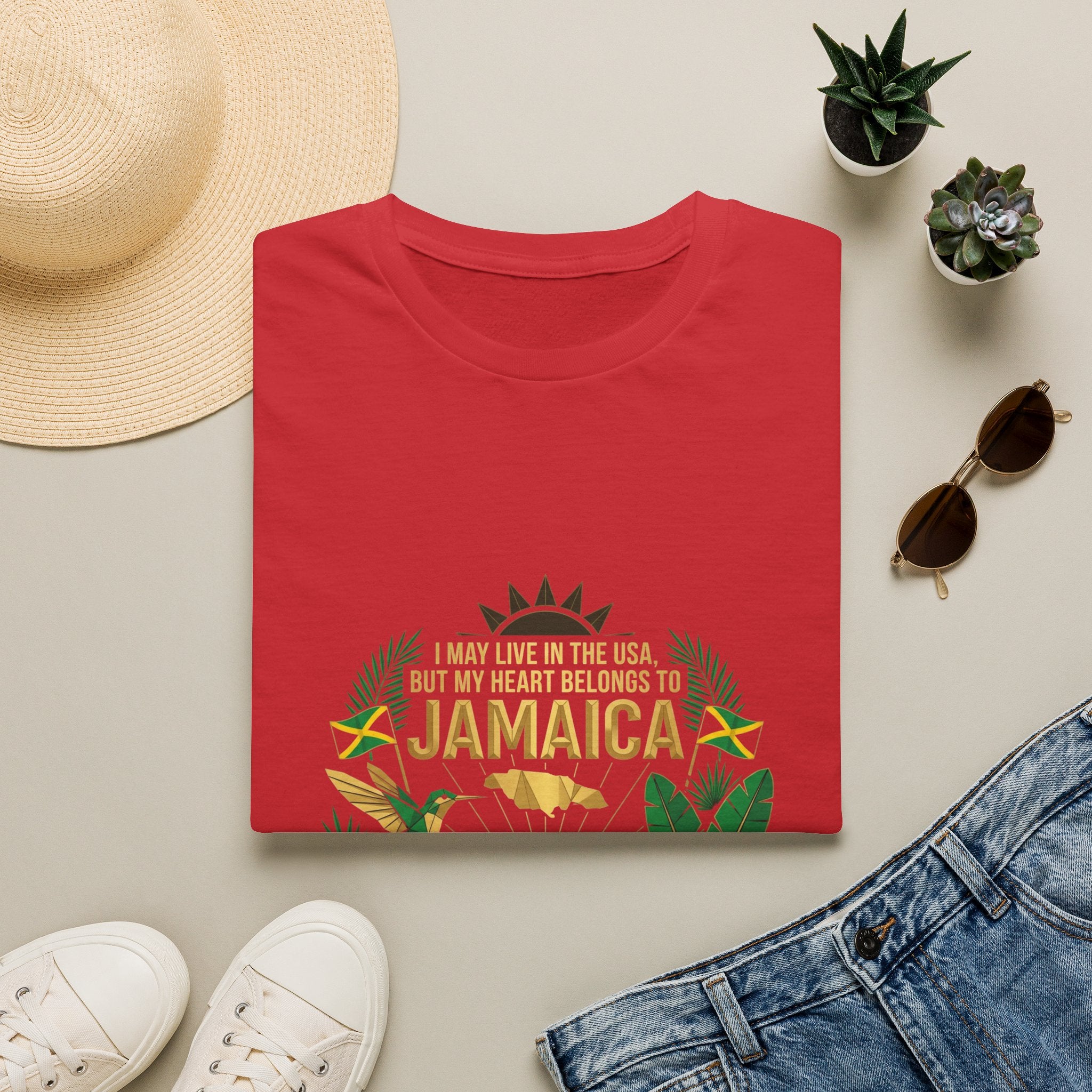 | I May Live in the USA but My Heart Belongs to Jamaica |  Tropical Flag T-Shirt