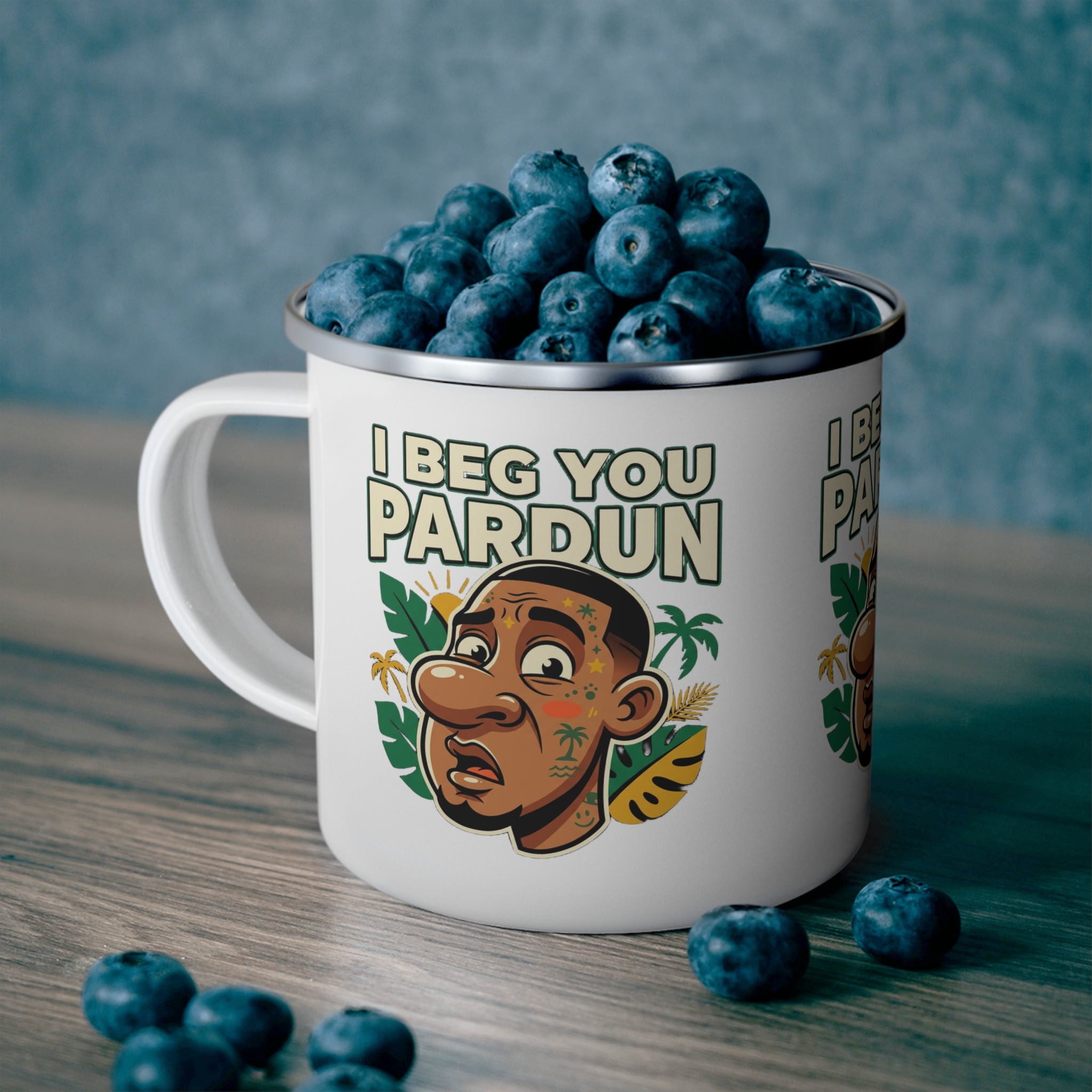 Enamel Mug — "I Beg You Pardun" Tropical Cartoon Camping Cup