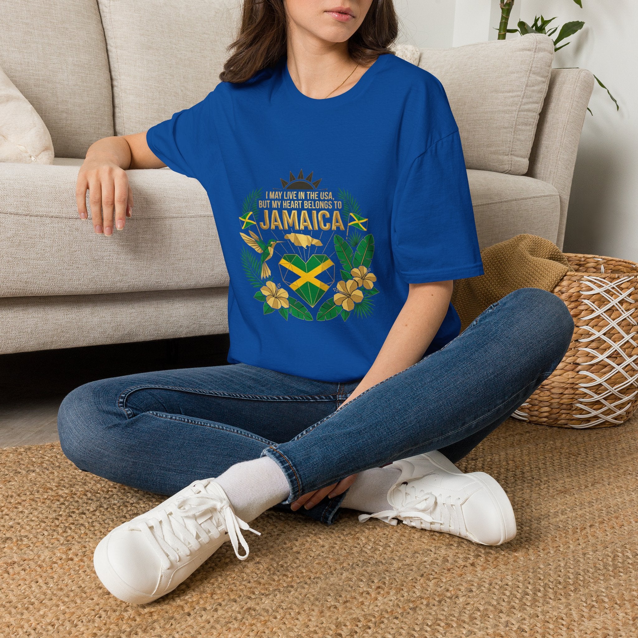 | I May Live in the USA but My Heart Belongs to Jamaica |  Tropical Flag T-Shirt