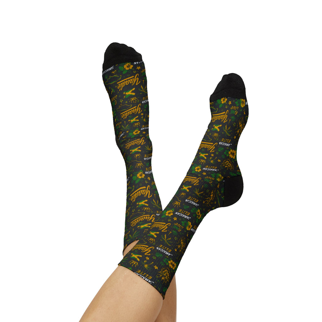 Jamaican Elite All-Over Print Socks | Yaadie 876 Crew Socks | Jamaica Flag Socks | Caribbean Fashion | Gift for Jamaicans