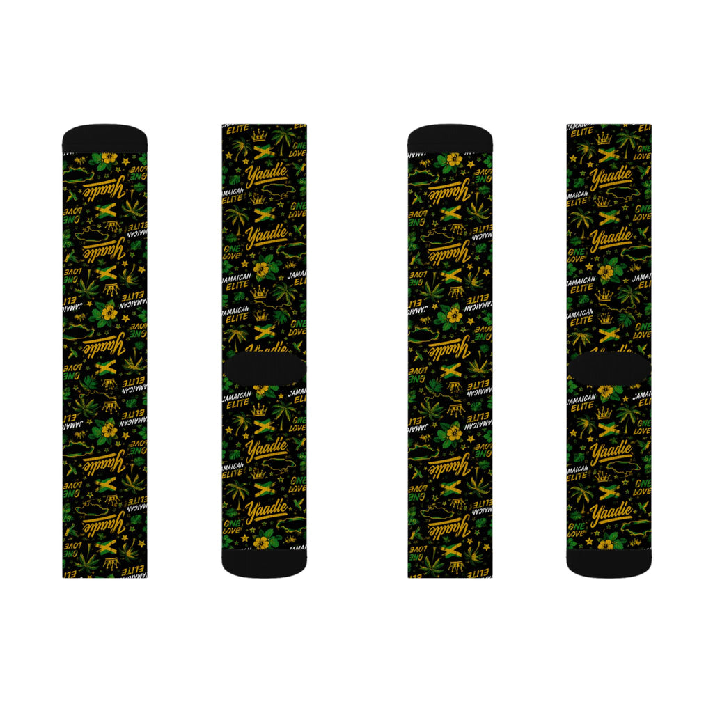 Jamaican Elite All-Over Print Socks | Yaadie 876 Crew Socks | Jamaica Flag Socks | Caribbean Fashion | Gift for Jamaicans