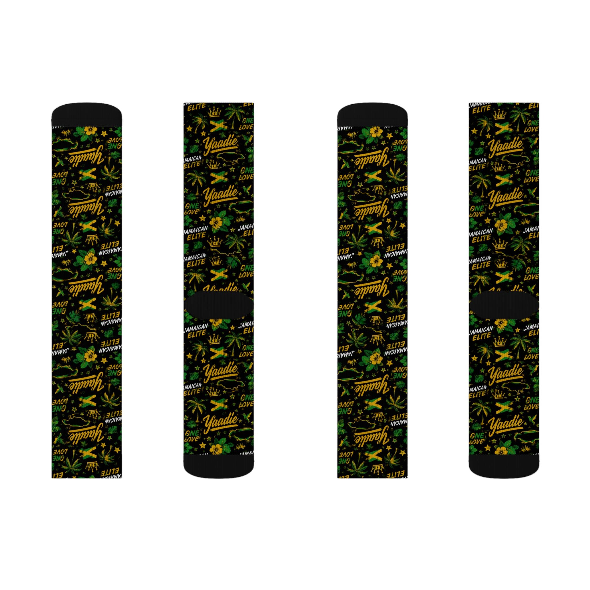 Jamaican Elite All-Over Print Socks | Yaadie 876 Crew Socks | Jamaica Flag Socks | Caribbean Fashion | Gift for Jamaicans