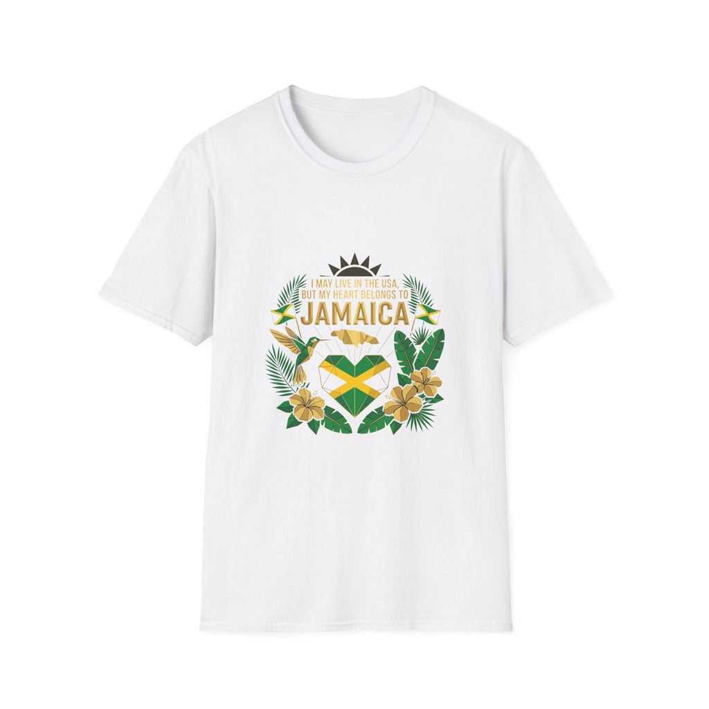 | I May Live in the USA but My Heart Belongs to Jamaica |  Tropical Flag T-Shirt