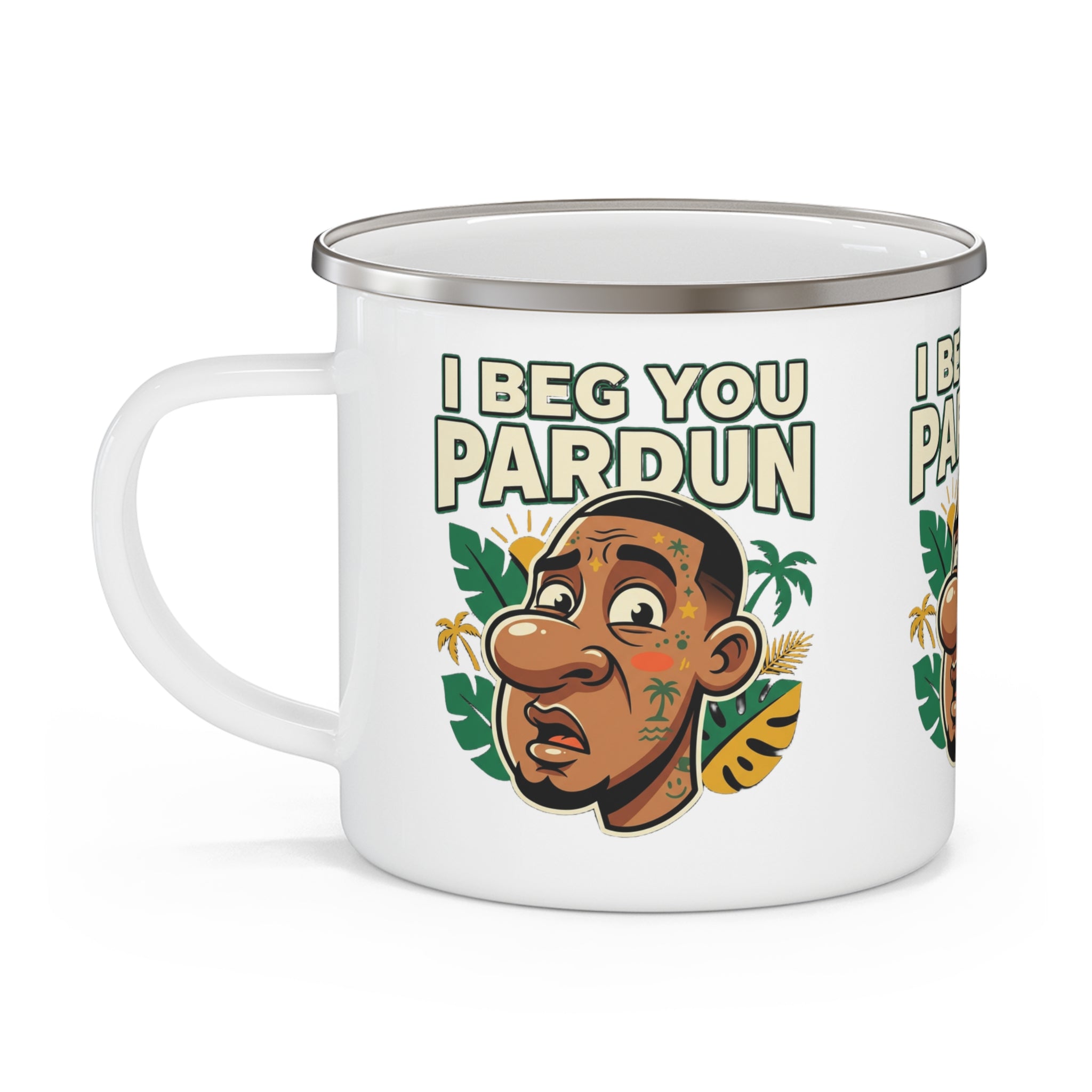 Enamel Mug — "I Beg You Pardun" Tropical Cartoon Camping Cup
