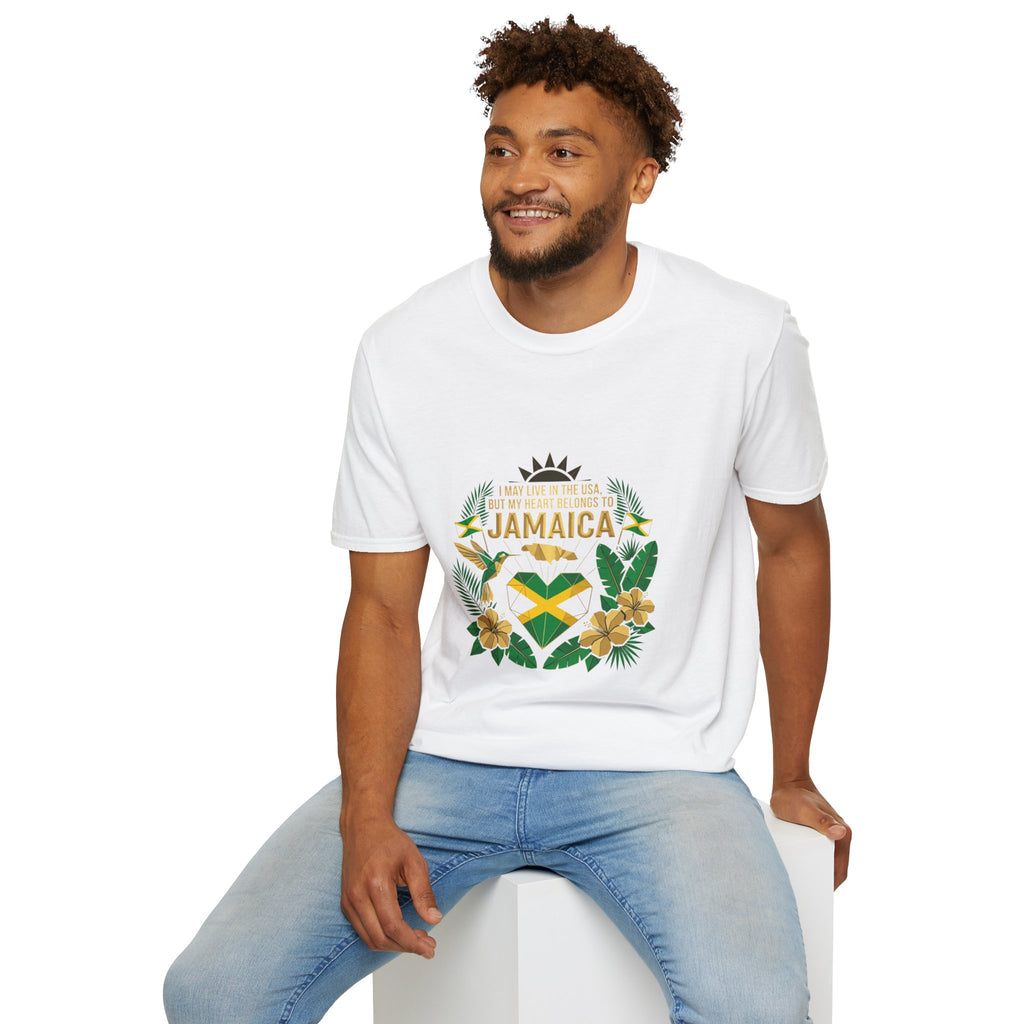 | I May Live in the USA but My Heart Belongs to Jamaica |  Tropical Flag T-Shirt