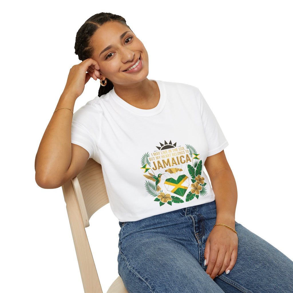 | I May Live in the USA but My Heart Belongs to Jamaica |  Tropical Flag T-Shirt
